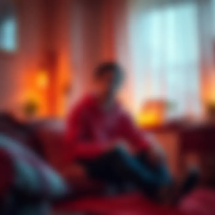 A person sits in a warm, inviting room, looking thoughtful and seeking support during tough times, surrounded by soft lighting and comforting elements