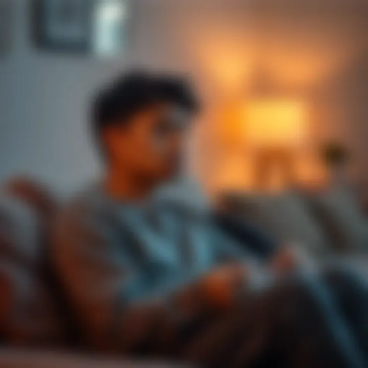 A person sitting on a couch, looking tired and lost in thought, symbolizing feelings of lethargy and sadness.