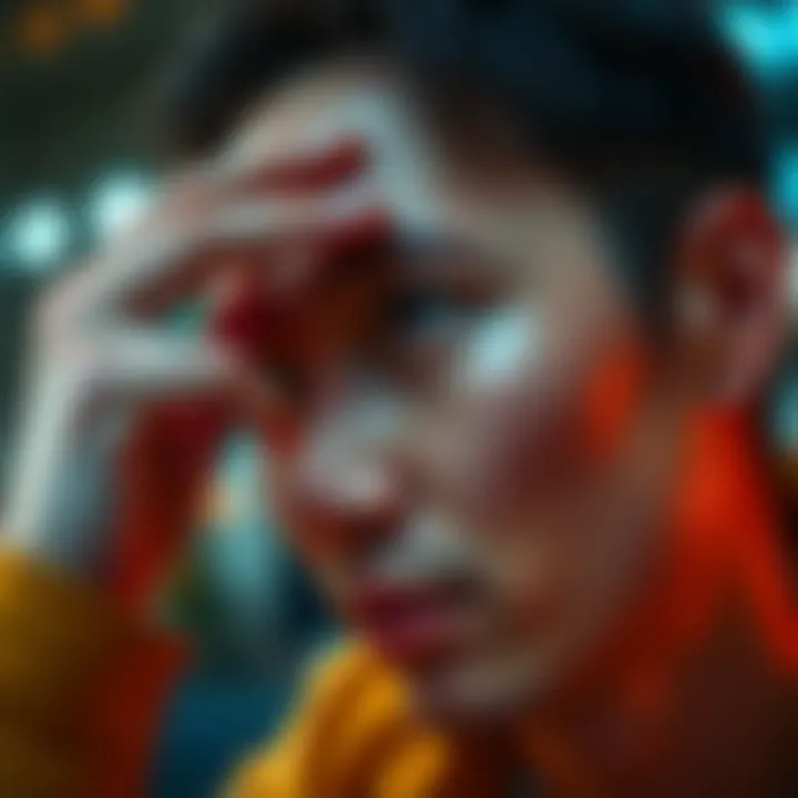 Person touching their forehead Close-up of a person gently touching their forehead, looking contemplative