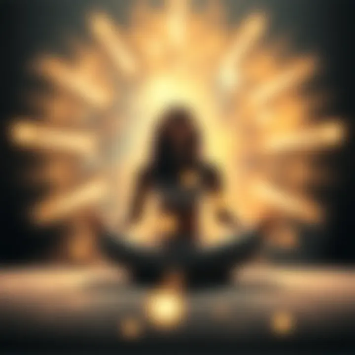 A person sitting cross-legged with closed eyes, surrounded by soft glowing light, experiencing a trance state of deep connection.