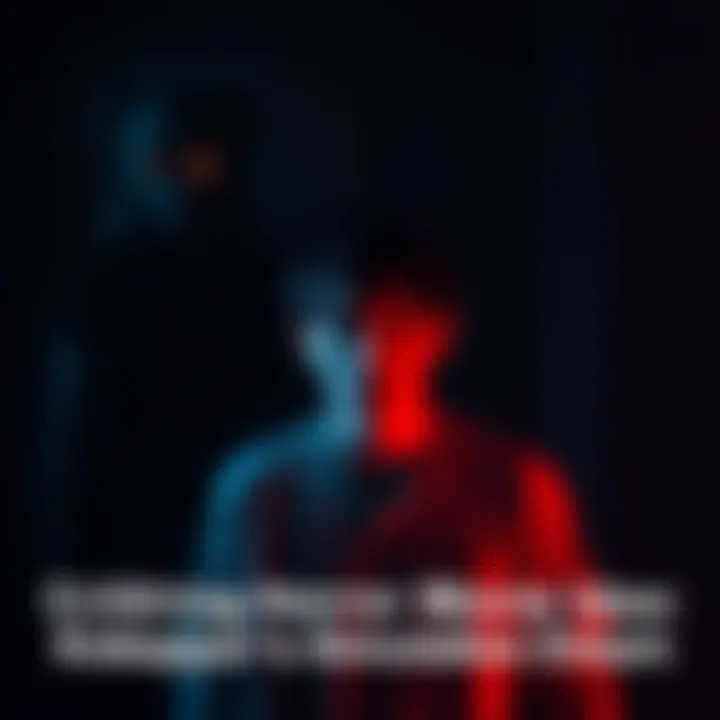 A person looks frightened in a dark room, surrounded by eerie shadows and hallucinations. A mysterious figure named Miku looms in the background, hinting at a sinister presence.