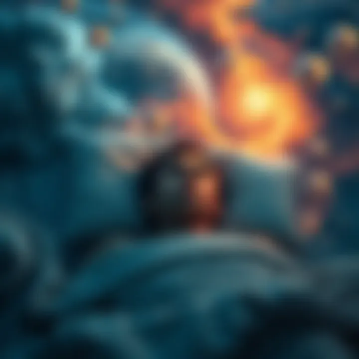 A person lying in bed with a troubled expression, surrounded by swirling dream imagery, representing the feeling of being stuck in a dream loop.