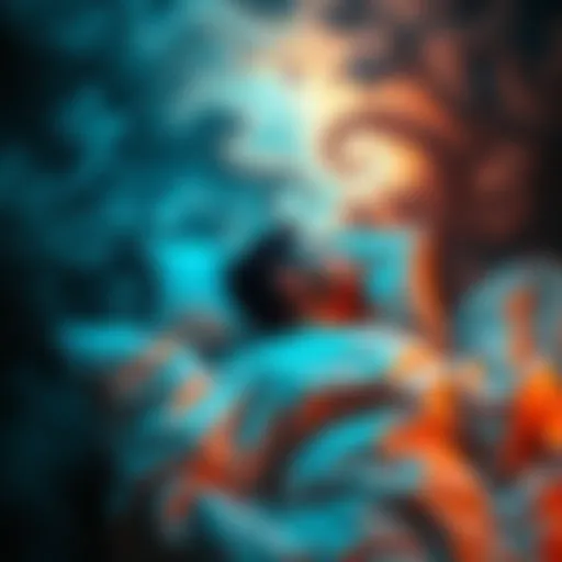 A person looks distressed while lying in bed, surrounded by dark, swirling dream imagery, showing feelings of frustration and pressure.