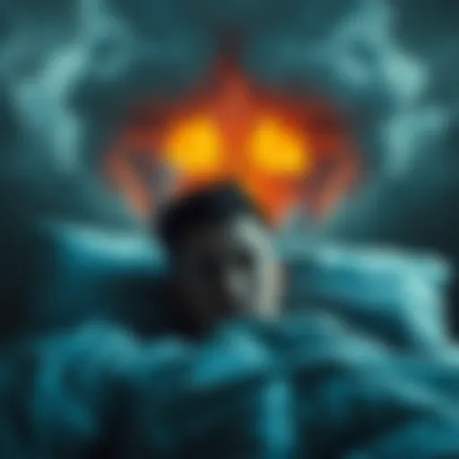 A person looks worried while trying to sleep, with dark clouds and a nuclear symbol in the background, signifying fears of war.