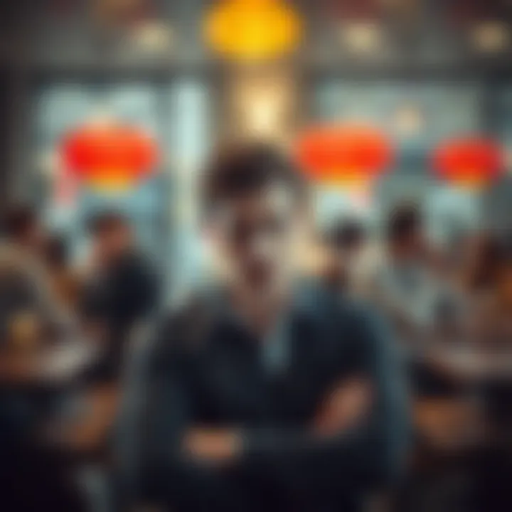 A person sitting alone at a café with a thoughtful expression, giving off a cold vibe while others enjoy their conversations in the background.