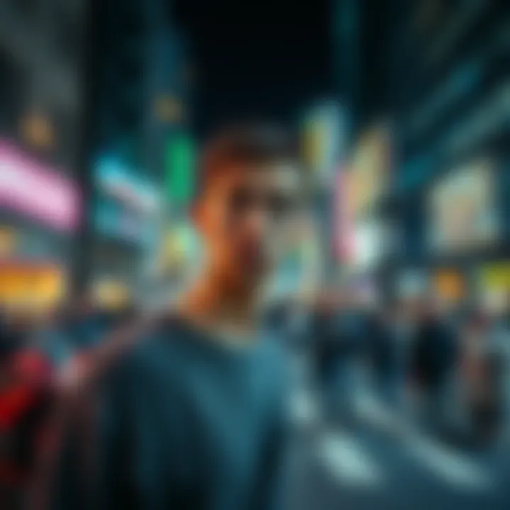 A person standing on a busy street with a puzzled expression, surrounded by unfamiliar buildings and crowds, reflecting a sense of discomfort in a familiar city.