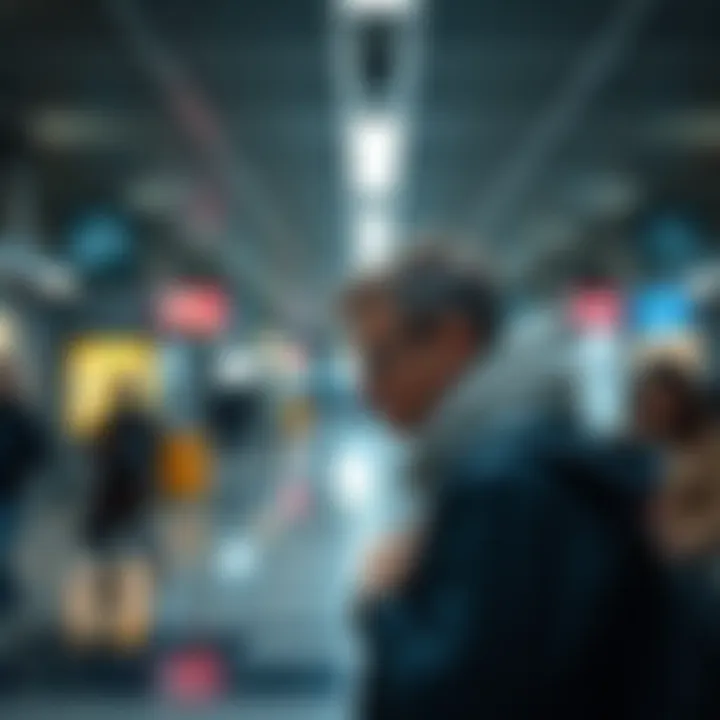 A person displaying odd actions, like fidgeting or talking to themselves, in a public space, reflecting signs of mental distress.