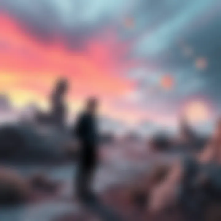 A person looks confused while standing in a surreal landscape with strange colors and shapes around them.