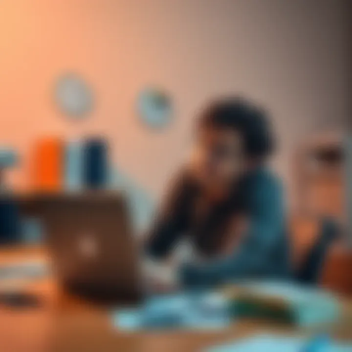 A person sitting at a desk with a focused expression, using a laptop and surrounded by notes, illustrating concentration while managing ADHD challenges.