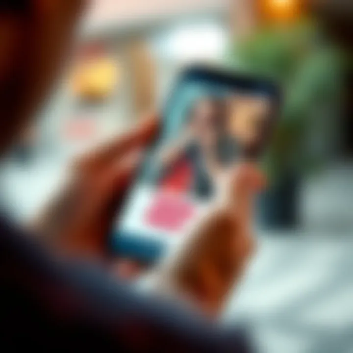 Close-up of a hand holding a smartphone displaying the Hire a Boyfriend app interface, with a profile photo on the screen