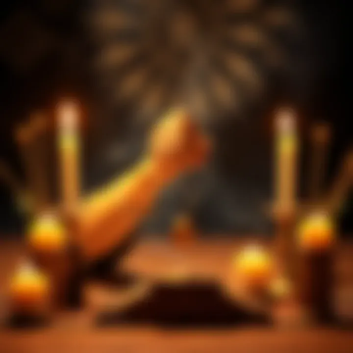 A person holding a pendulum over a table, looking thoughtful as they attempt to communicate with spirits, surrounded by candles and spiritual symbols.