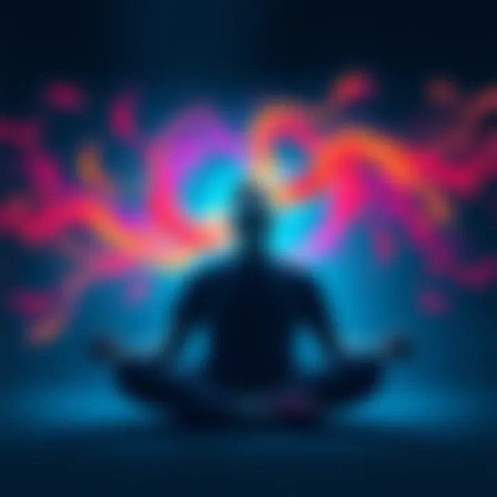 A person sitting cross-legged with closed eyes, surrounded by colorful swirls representing imagination and visualization skills