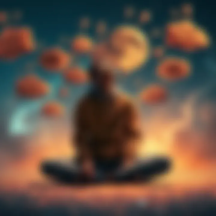 A person sitting cross-legged with eyes closed, surrounded by thought bubbles representing dreams and aspirations, pondering the concept of manifestation