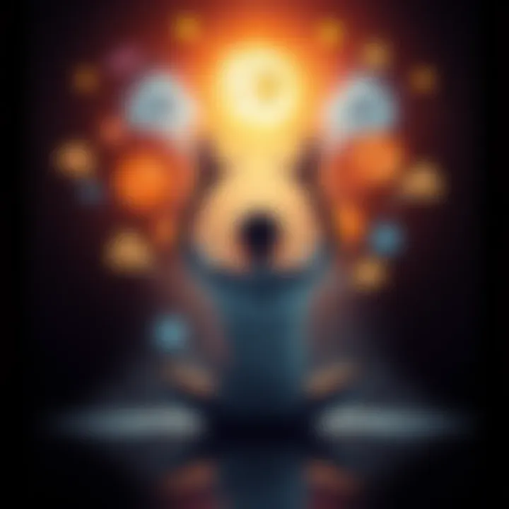 Person Visualizing Dreams A person sitting cross-legged with their hands raised, surrounded by glowing symbols representing dreams and aspirations.