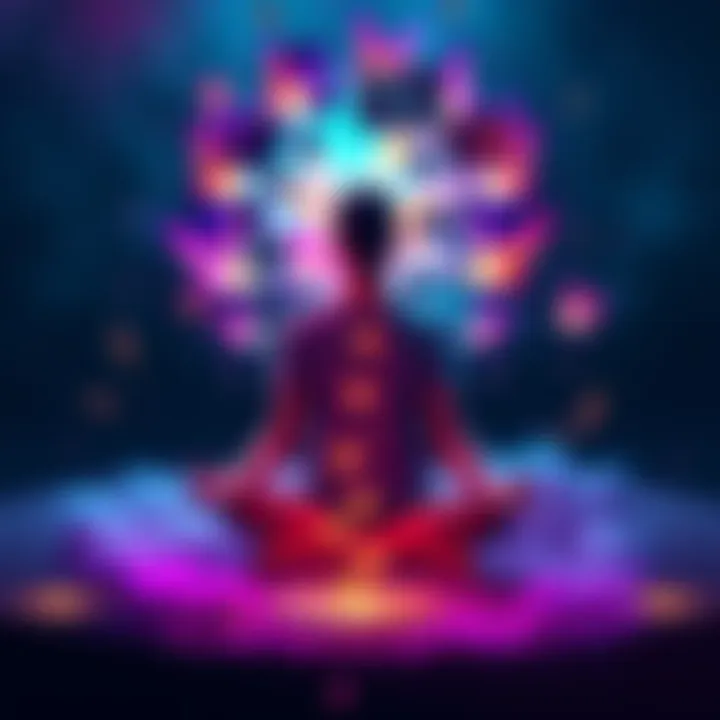 A person meditating with vibrant colors and memories surrounding them, symbolizing the visualization of dreams and goals.