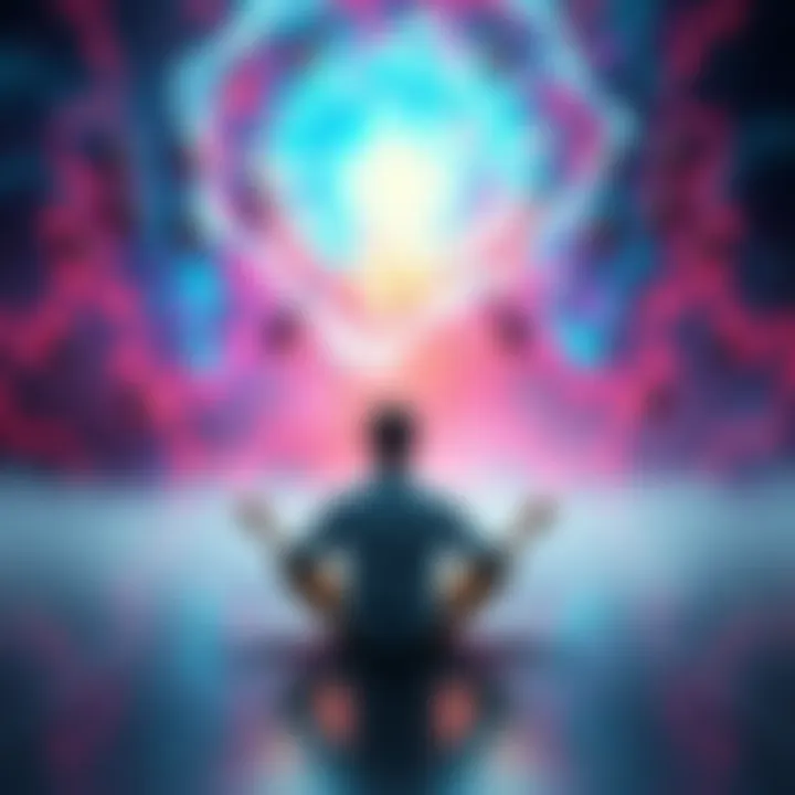 A person sitting peacefully, visualizing their dreams in a calm setting with bright colors surrounding them, symbolizing imagination and belief in manifestation.