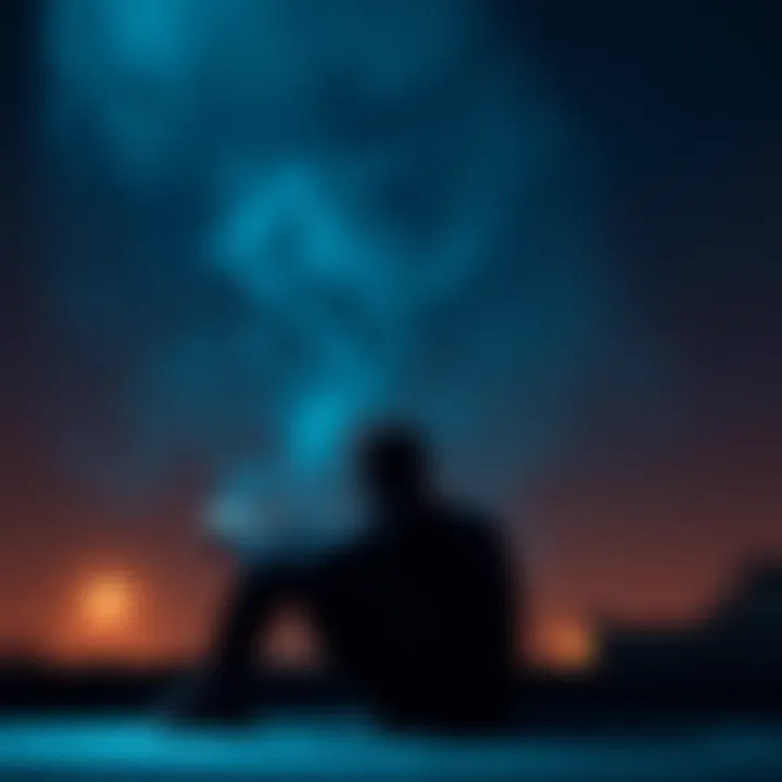 A person sitting alone with a thoughtful expression, gazing into the distance as they visualize past relationships, surrounded by light and shadow effects to indicate emotional complexity.