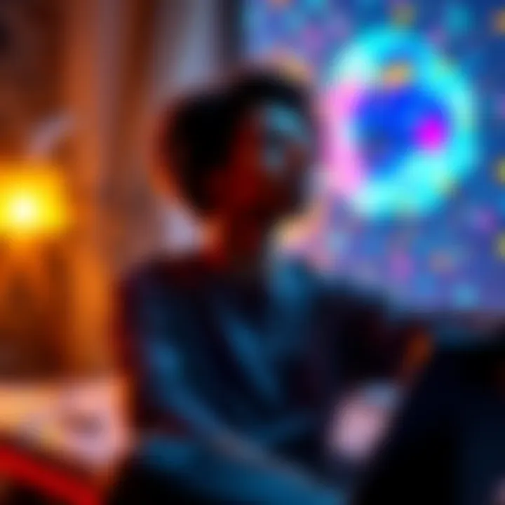 A person sitting peacefully, visualizing their dreams with a serene expression, surrounded by bright light and colorful thoughts.