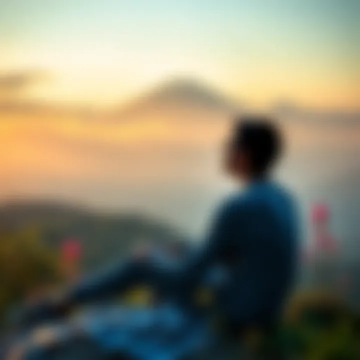 A person sitting peacefully, visualizing their ideal life surrounded by calming nature, showing focus and determination to shift their reality