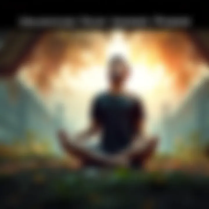 A person sitting cross-legged with closed eyes, visualizing their goals and dreams in a peaceful outdoor setting, surrounded by nature.