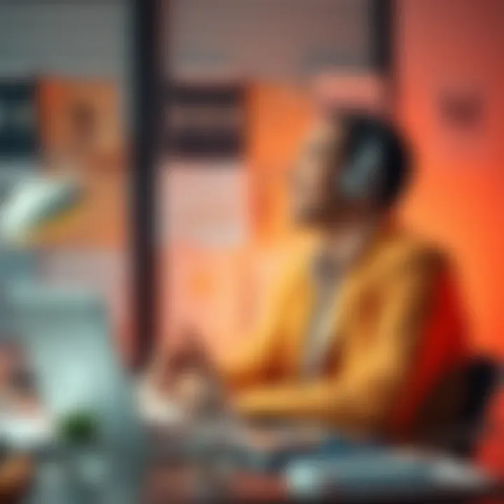 A person sitting at a desk, envisioning their dream job with a positive expression, surrounded by motivational notes and a laptop.