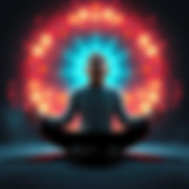 A person sitting cross-legged, eyes closed, imagining their dreams coming true with a bright aura surrounding them