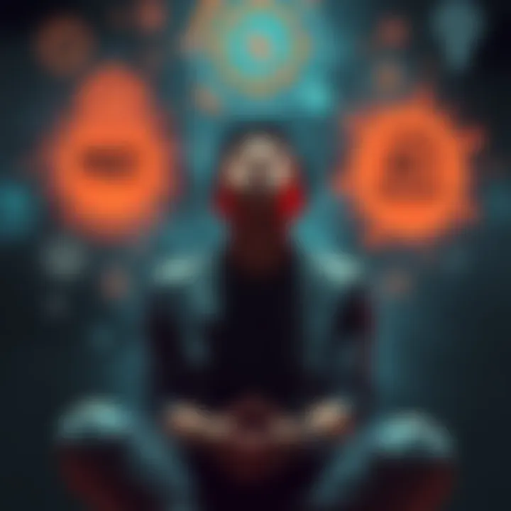 A person sitting with eyes closed, imagining their desired physical traits, surrounded by positive symbols and affirmations, creating a focused atmosphere.