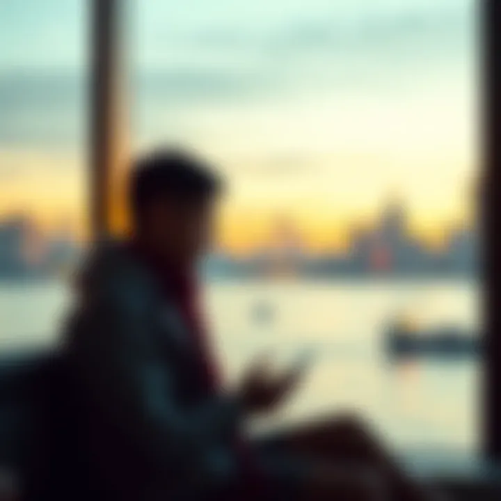 Person waiting for a text A person sitting with a phone in hand, looking anxious while waiting for a message from someone special, surrounded by a calm environment.