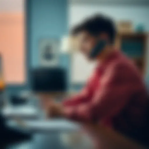 A person sitting at a desk with a phone and a notebook, looking expectantly while checking for messages about their lodge inquiry.