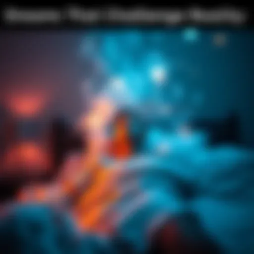 Someone sitting up in bed looking surprised, with a dreamy atmosphere around them