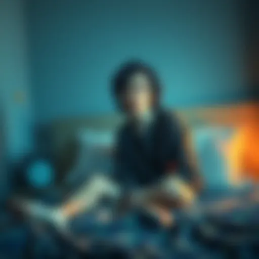 A person sitting on a bed with a confused expression, looking around as an alarm clock sounds off, signaling the end of their dream.