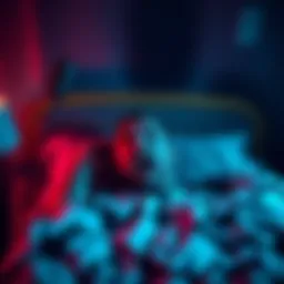 Individual sitting upright in bed with a surprised expression, surrounded by dark shadows, representing a nightmare after listening to audio content.
