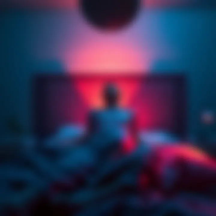 Person waking from a nightmare A person sits up in bed, looking relieved after waking from a stressful dream, with a peaceful bedroom backdrop.