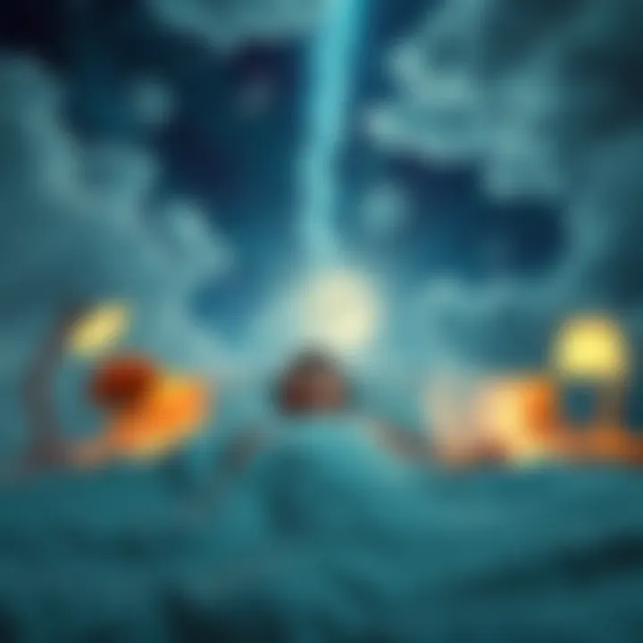 A person sits up in bed, looking confused and surprised, with a dreamy background illustrating a surreal dreamscape.