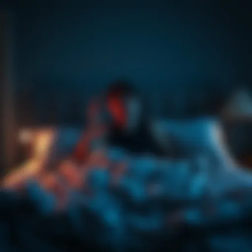 Person waking up from a nightmare A person sitting up in bed with a startled expression, sheets tangled around them, in a dimly lit bedroom