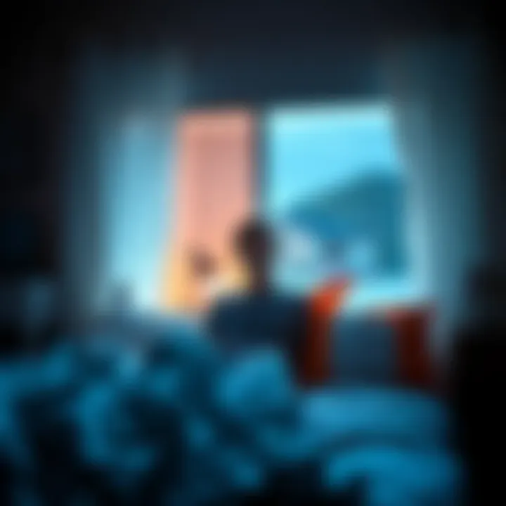 A person sits up in bed, looking alert as they listen to sounds from outside, suggesting they feel observed by neighbors.