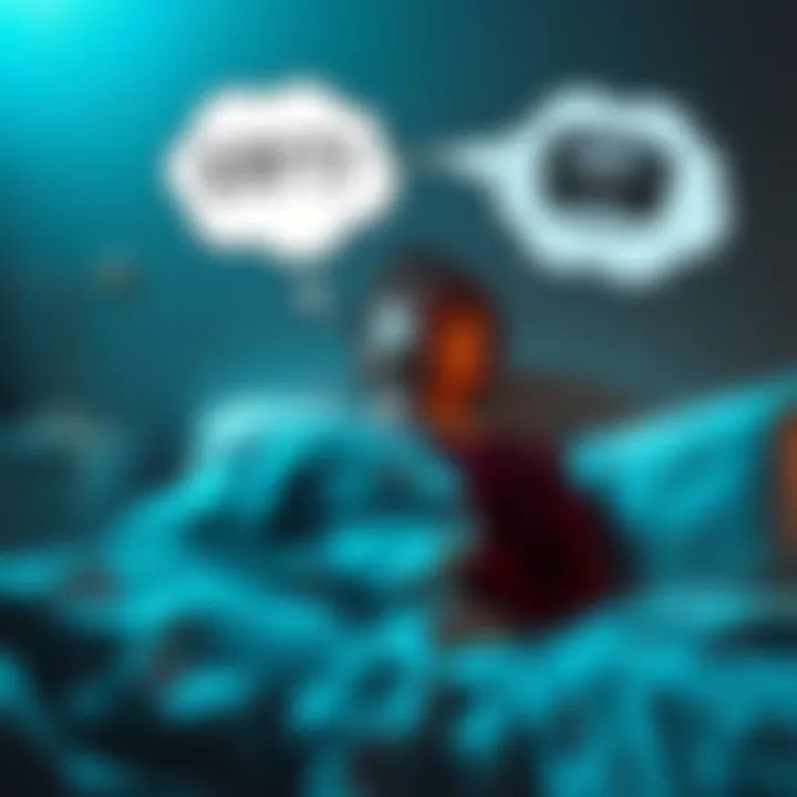 A person sits up in bed, looking startled after a bad dream, with a shadowy figure of a cat visible in the background, and a thought bubble showing teeth falling out.