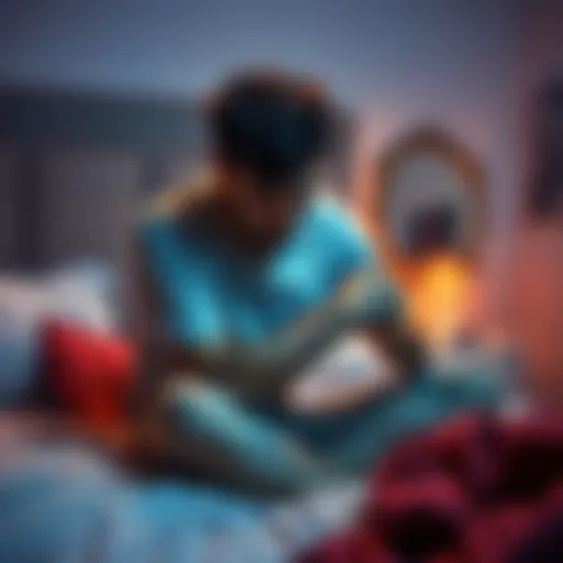 A person sitting on the edge of a bed, looking exhausted and examining scratches on their arms, with a concerned expression.