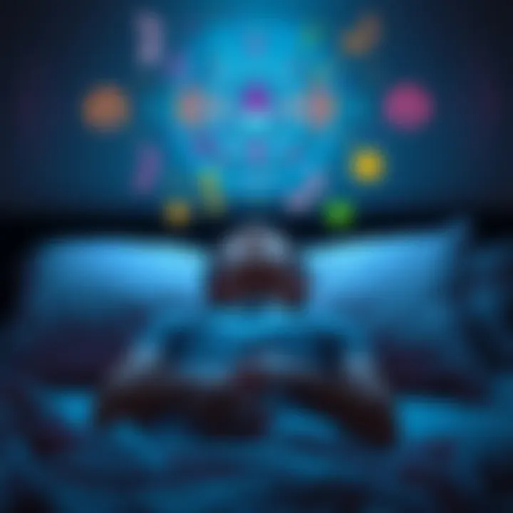 A person lying in bed with visual sound waves and symbols like music notes and doorbells above their head, representing auditory hallucinations before waking up