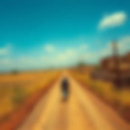 A person trudging along a long, dusty road carrying a small bag, symbolizing a tough journey in search of food.