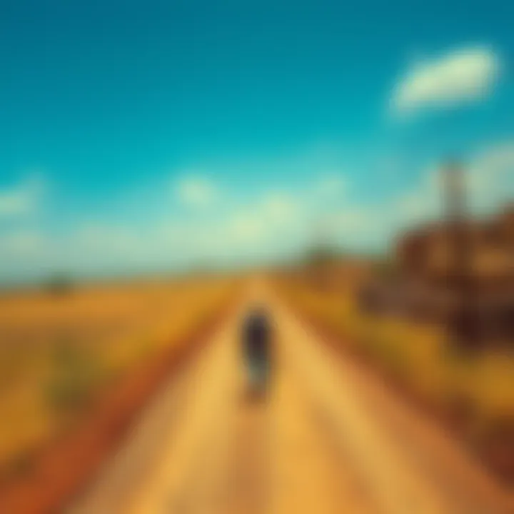 A person trudging along a long, dusty road carrying a small bag, symbolizing a tough journey in search of food.