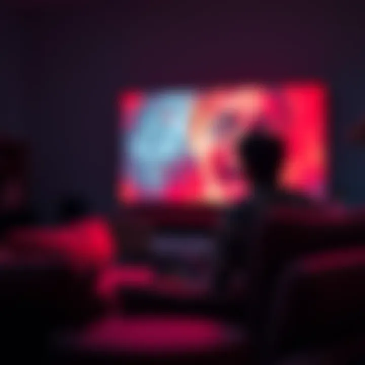 A person sitting on a couch, watching a horror movie on a large screen with a scared expression.