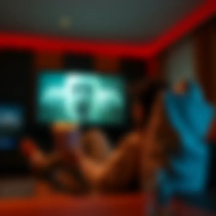 A person sitting on a couch, looking surprised while watching a horror movie on a screen, with popcorn in hand.