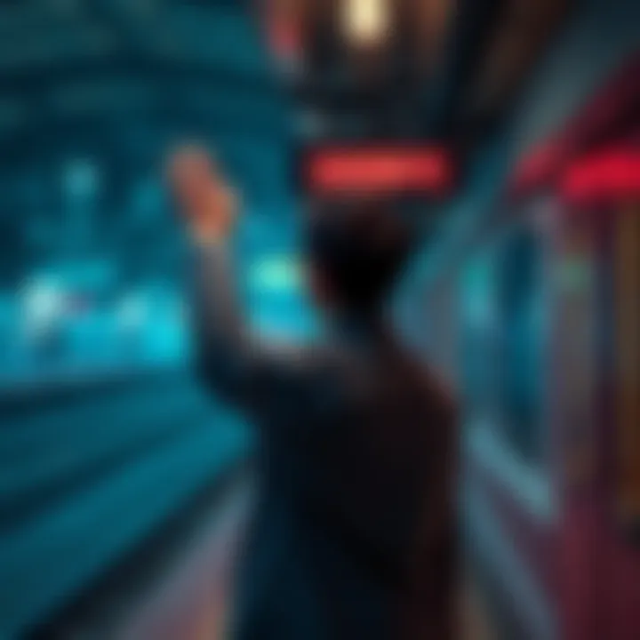 A person standing at a train station waving goodbye, looking emotional.