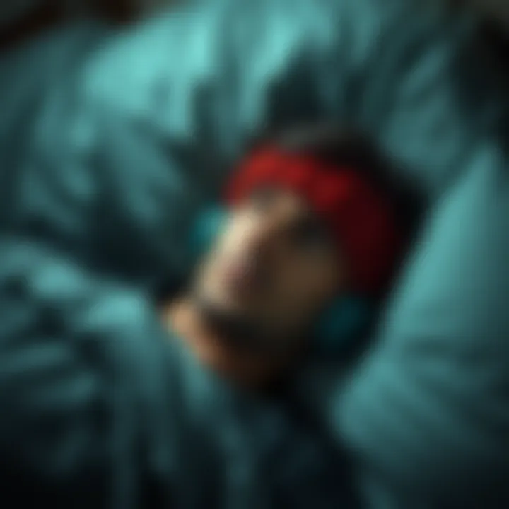 A person lying in bed with a wool earwarmer, appearing troubled by bad dreams