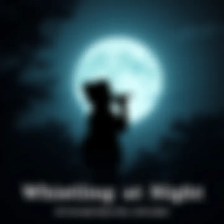 A silhouette of a person whistling under a moonlit sky, surrounded by trees and night sounds