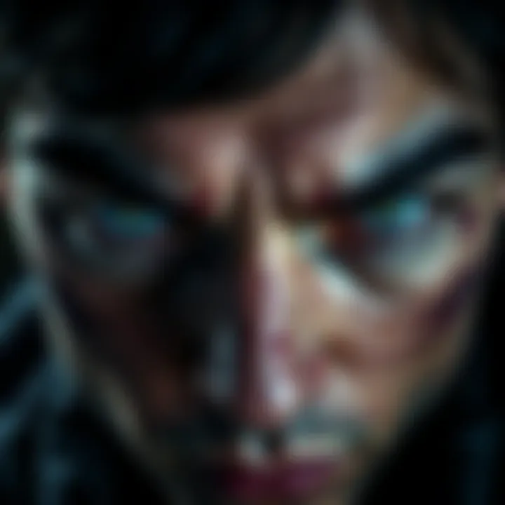 A close-up of a person with striking gray eyes, suggesting a connection to darker themes
