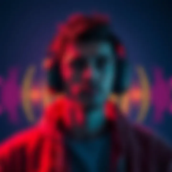 Individual wearing headphones, focused on listening to subliminal audio, surrounded by sound waves