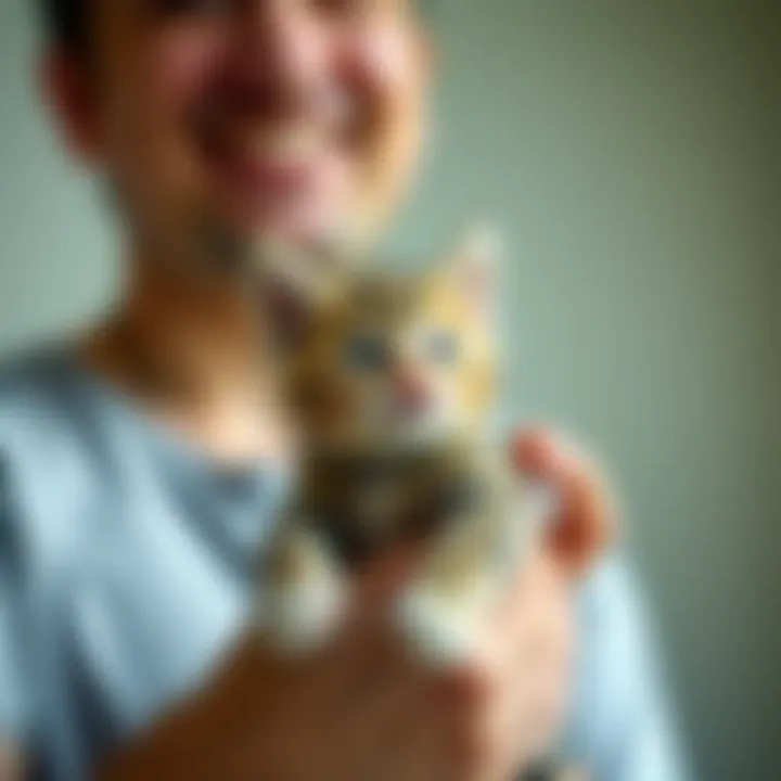 A person holding a small kitten in their arms, looking surprised and happy, representing unexpected outcomes from manifestation