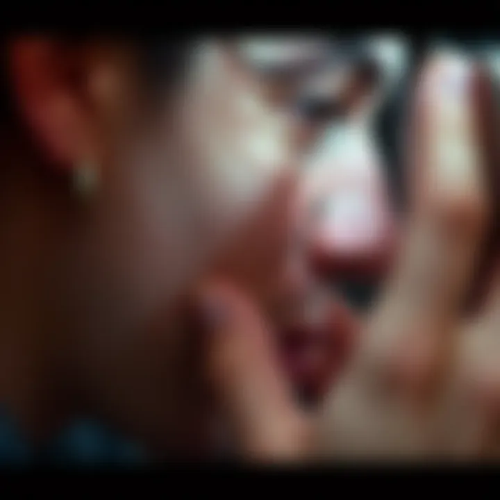 A close-up of a person looking at their piercing in a mirror, considering adjustments to its placement.